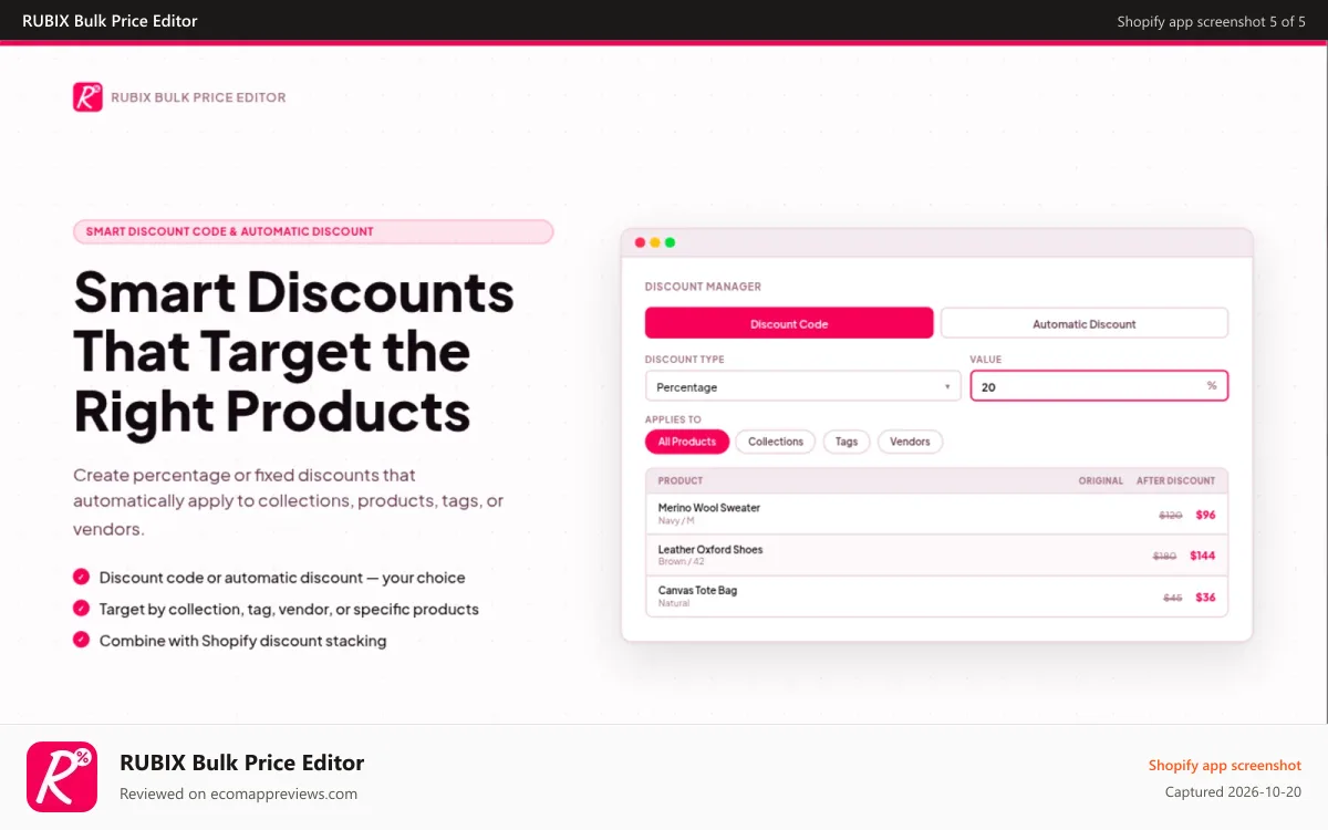 RUBIX Bulk Price Editor Shopify app screenshot: You can use automatic or discount code. Using percentage/fixed