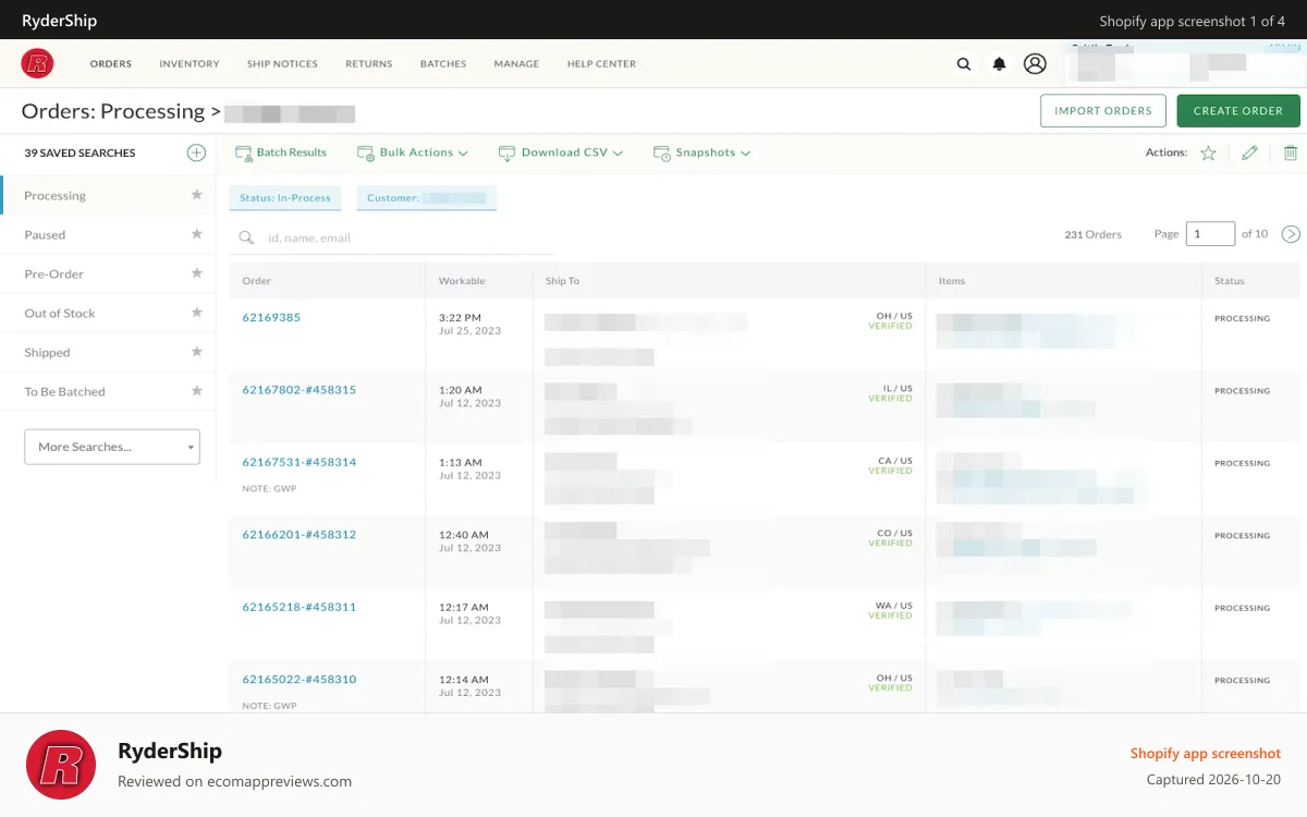 RyderShip Shopify app screenshot: Total order transparency.