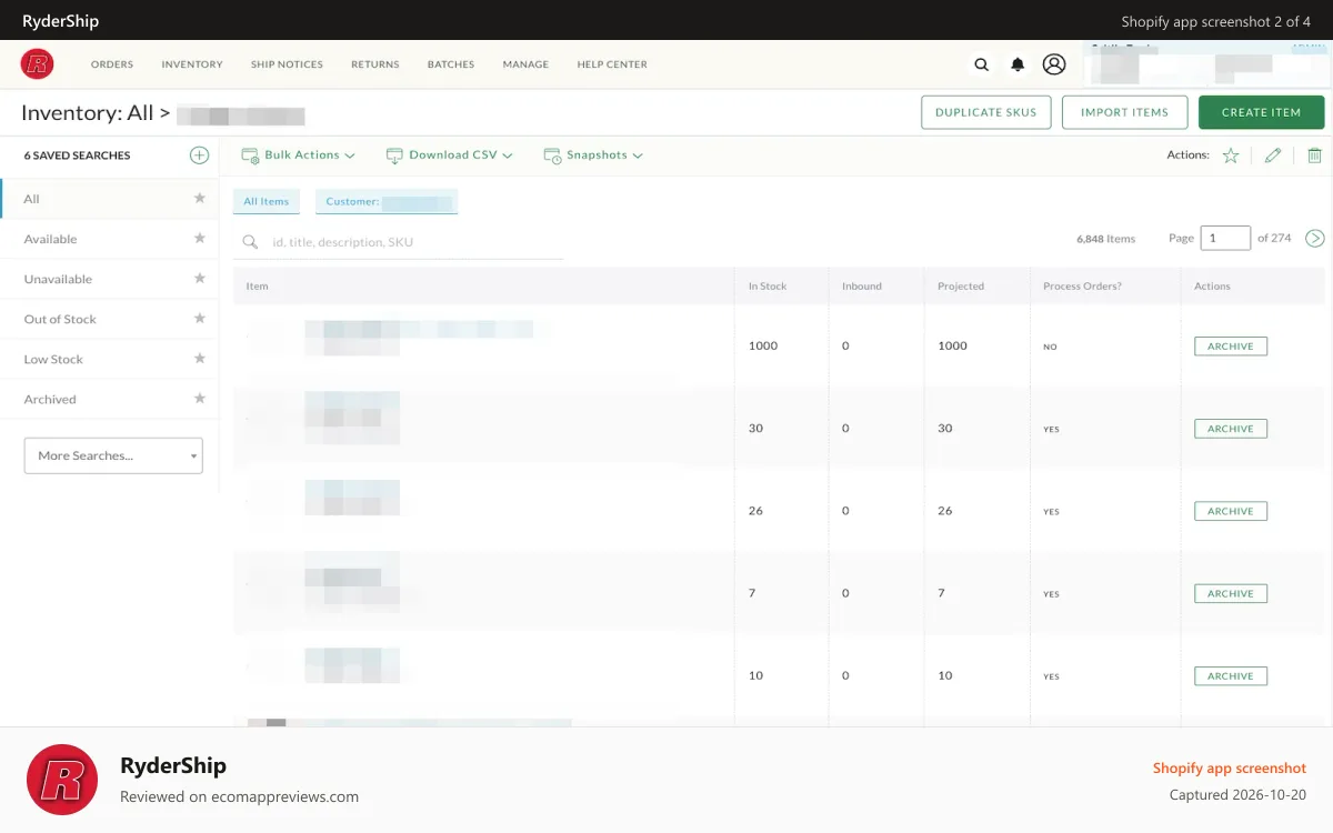 RyderShip Shopify app screenshot: Organize and filter inventory.