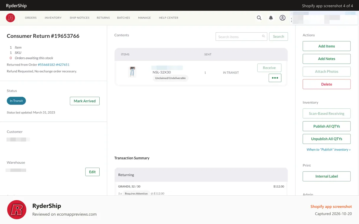 RyderShip Shopify app screenshot: Manage returns and integrations with return portals.