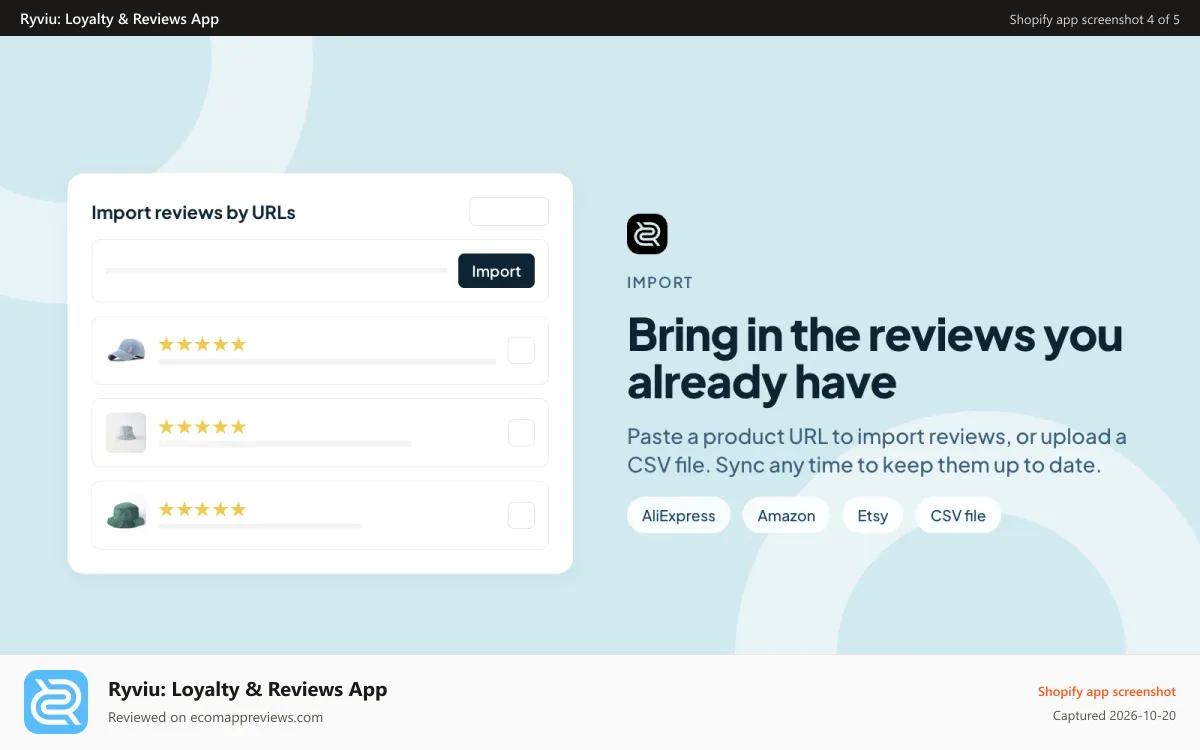 Ryviu: Loyalty & Reviews App Shopify app screenshot: Import review