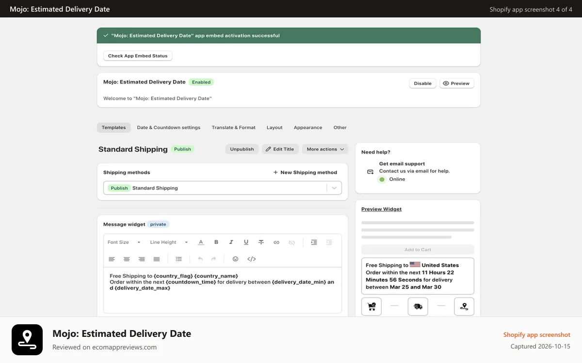 Mojo: Estimated Delivery Date Shopify app screenshot: Dashboard