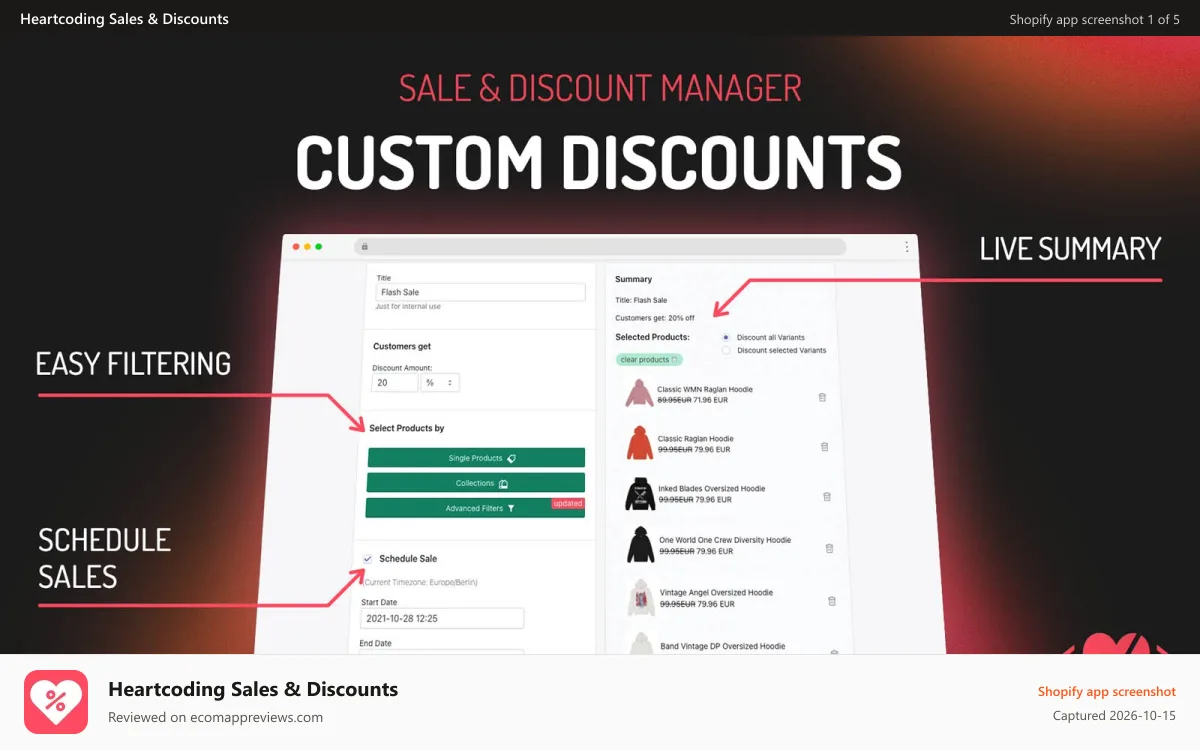 Heartcoding Sales & Discounts Shopify app screenshot: Customize Discounts with easy filtering and realtime summary