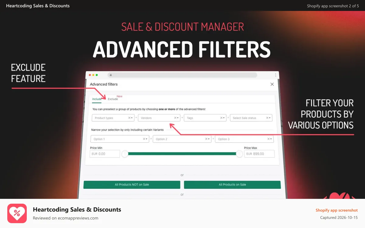 Heartcoding Sales & Discounts Shopify app screenshot: Advanced filters by type, vendor, tags, sale status, variants