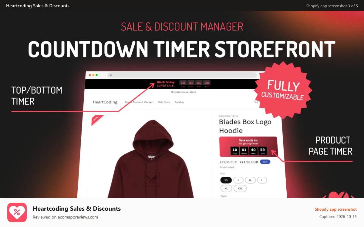 Heartcoding Sales & Discounts Shopify app screenshot: Customizable Countdown Timer for your storefront