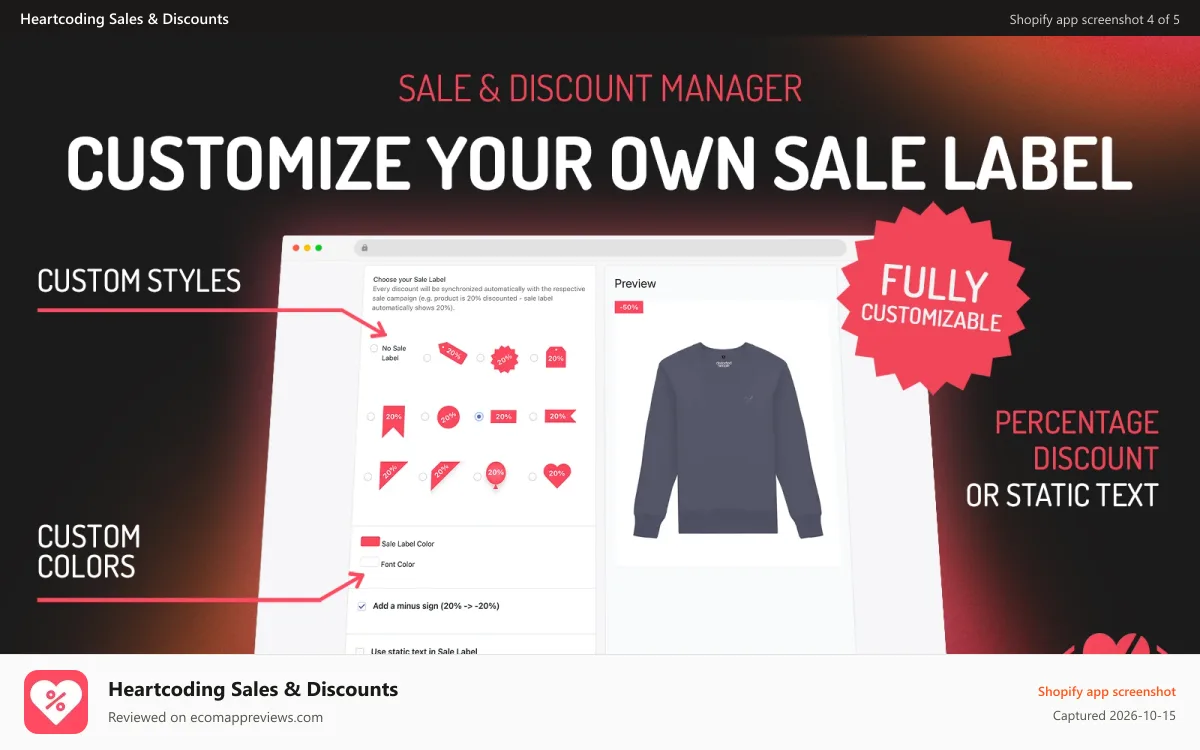 Heartcoding Sales & Discounts Shopify app screenshot: Custom Sale Labels - individual percentage for every product