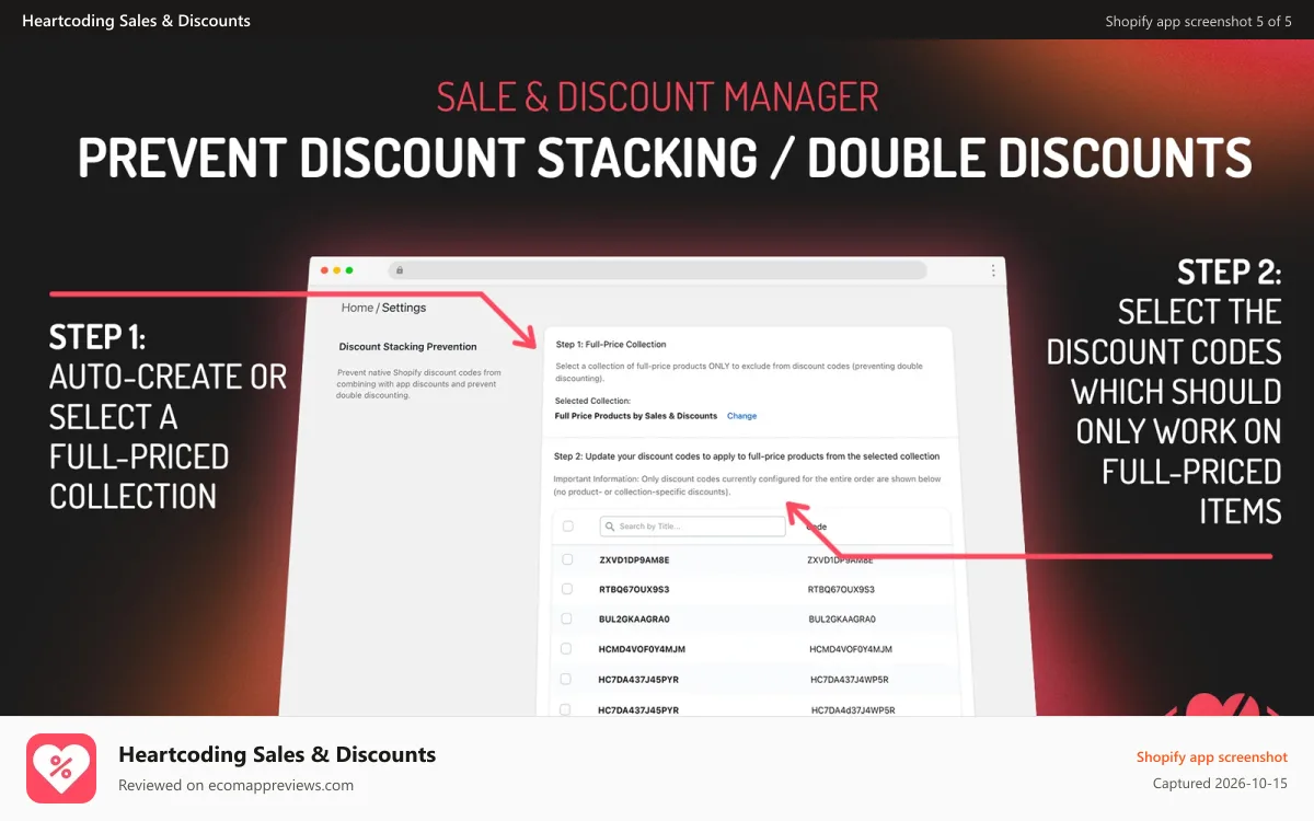 Heartcoding Sales & Discounts Shopify app screenshot: Option to exclude discounted items from discount codes