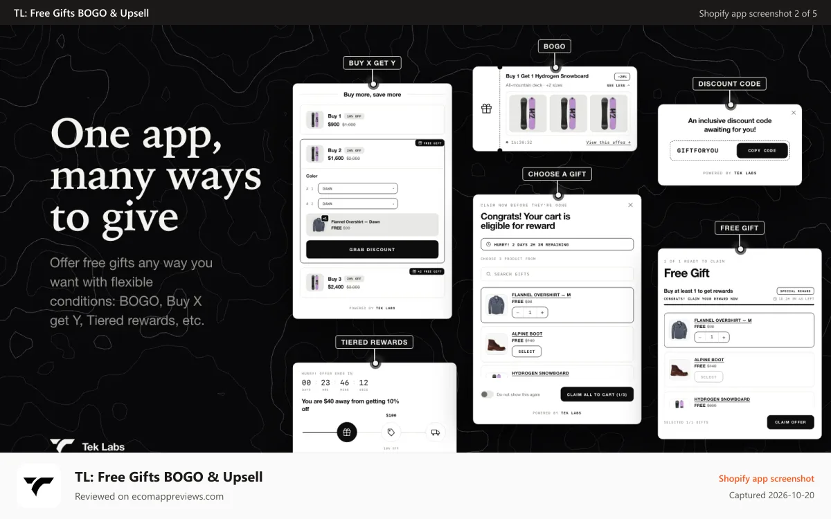 TL: Free Gifts BOGO & Upsell Shopify app screenshot: One app, many ways to give