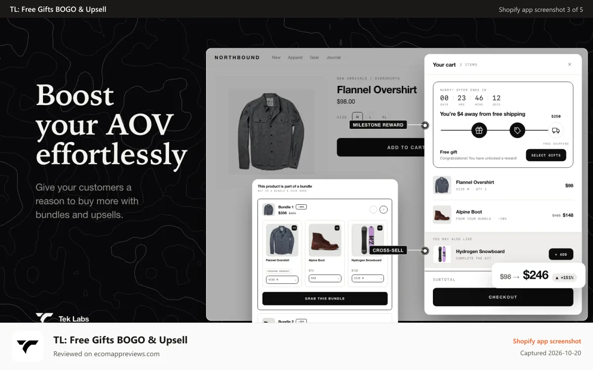 TL: Free Gifts BOGO & Upsell Shopify app screenshot: Boost your AOV effortlessly