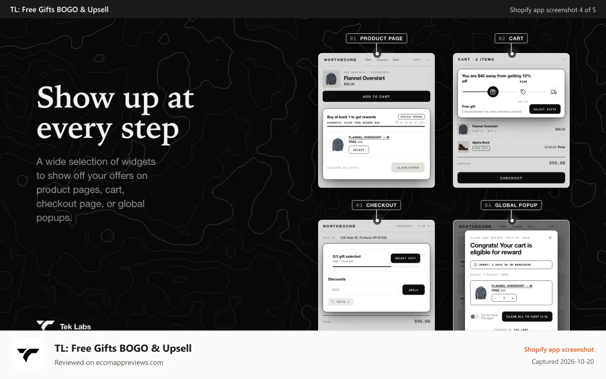 TL: Free Gifts BOGO & Upsell Shopify app screenshot: Show up at every step