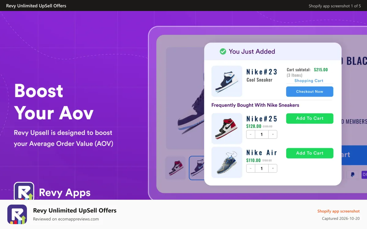 Revy Unlimited UpSell Offers Shopify app screenshot: UpSell products to increase average cart value and boost sales.