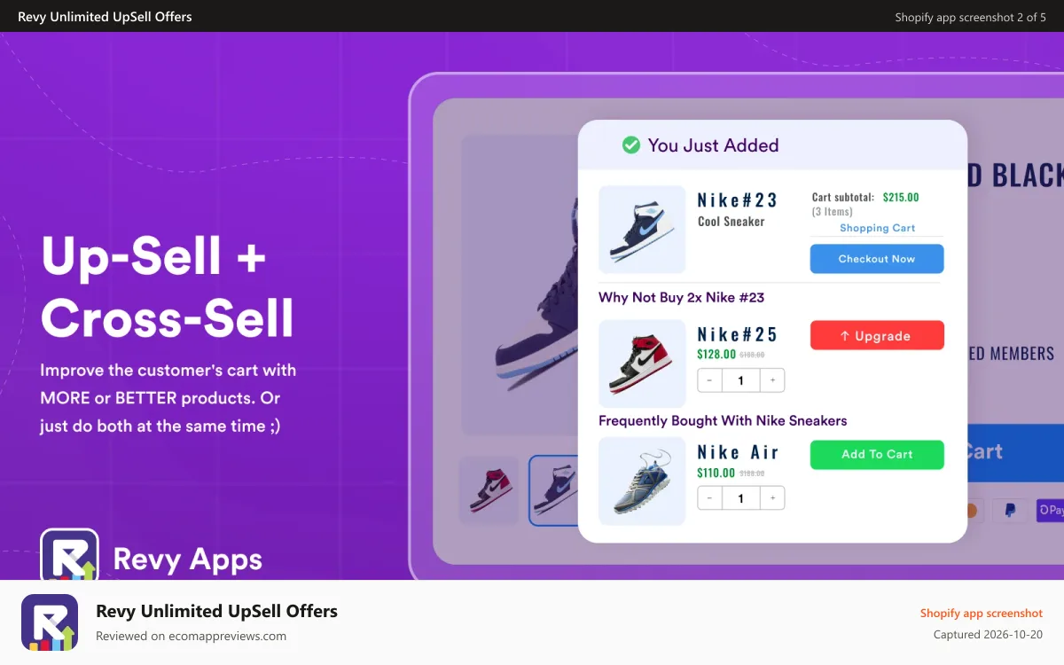 Revy Unlimited UpSell Offers Shopify app screenshot: We did work hard on the conversion optimization upsell app.