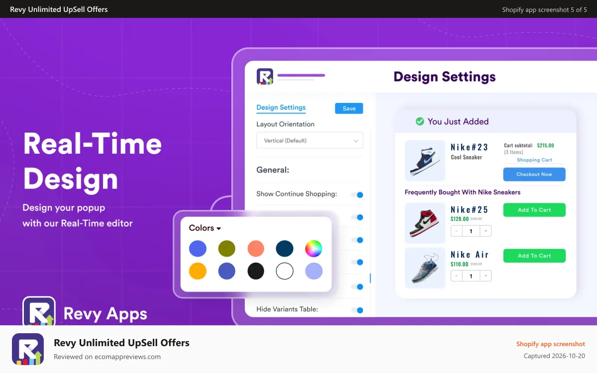 Revy Unlimited UpSell Offers Shopify app screenshot: Dozens of settings, customize as you need. Make it unique bold.