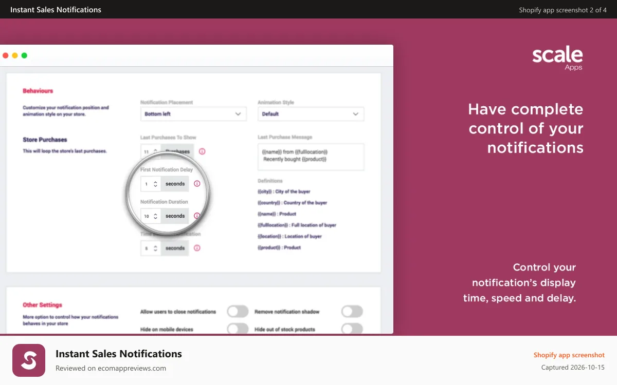 Instant Sales Notifications Shopify app screenshot: Have control of your notifications.