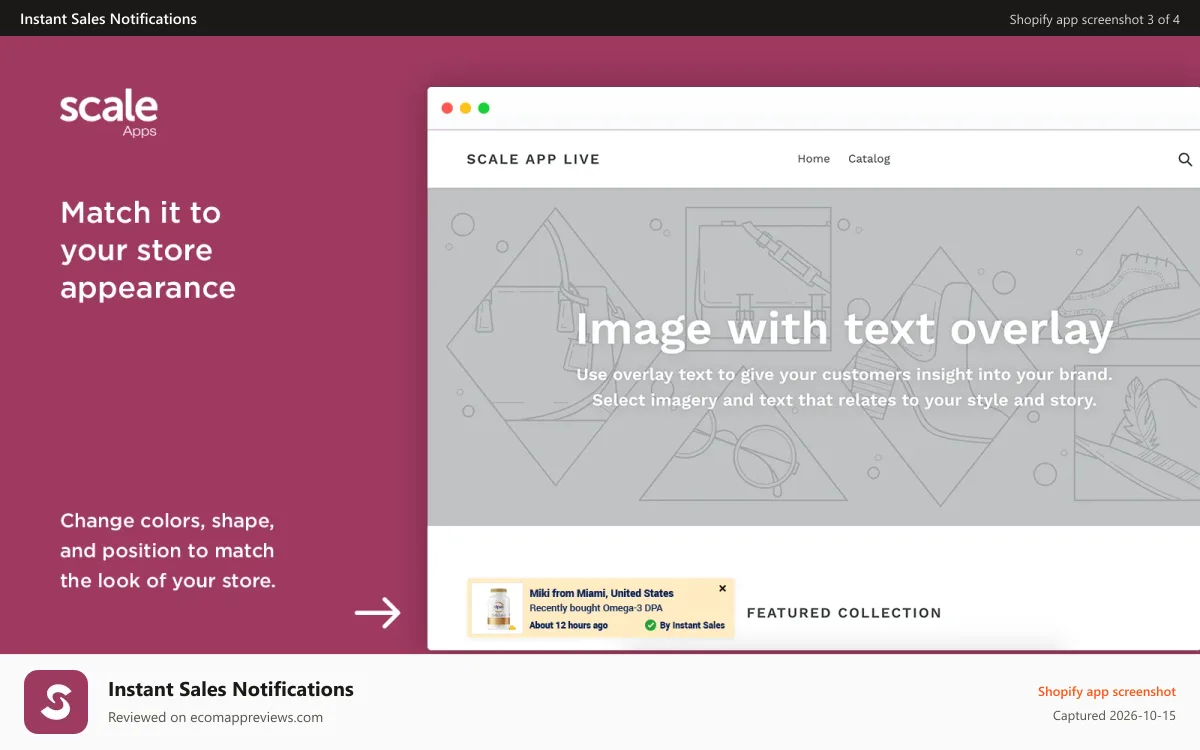 Instant Sales Notifications Shopify app screenshot: Match it to your store appearance
