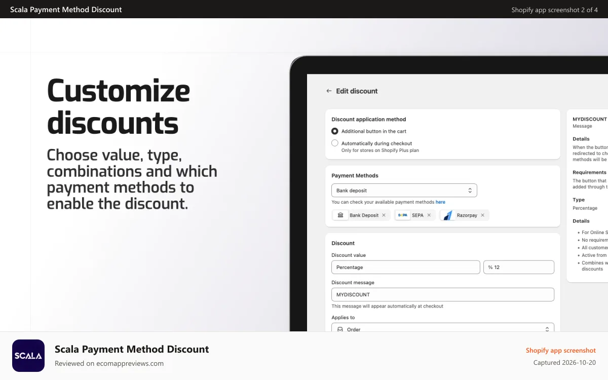 Scala Payment Method Discount Shopify app screenshot: Customizable discount, choose payment method, value and type.