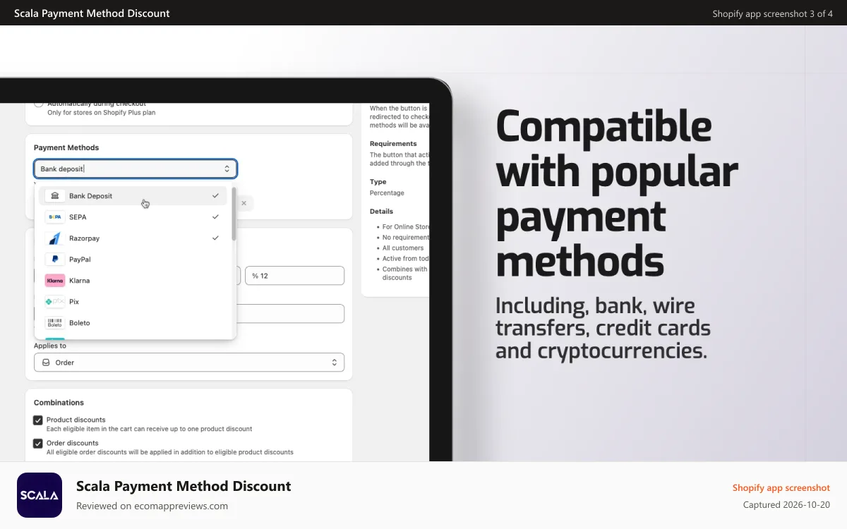 Scala Payment Method Discount Shopify app screenshot: Works with popular payment methods, including bank transfer.