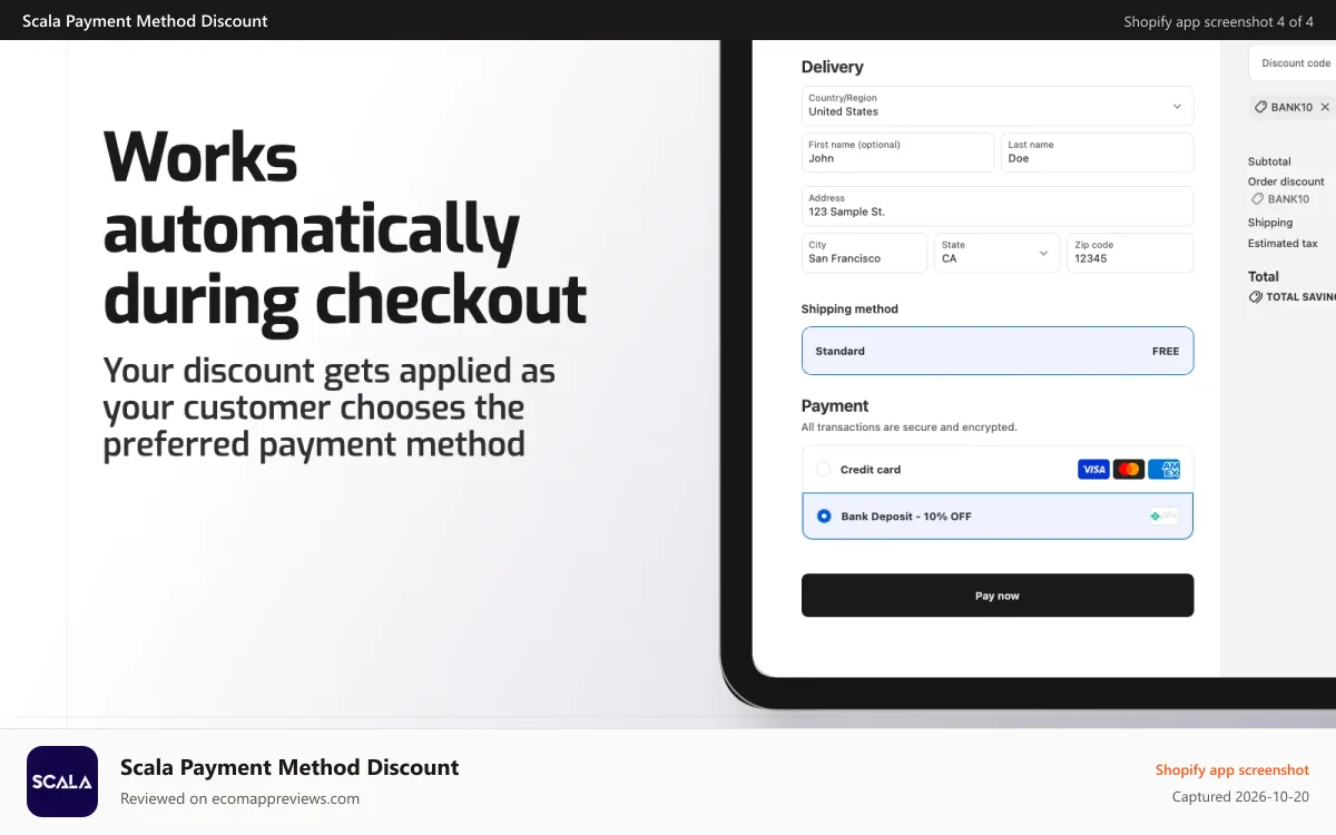 Scala Payment Method Discount Shopify app screenshot: Works automatically during checkout.