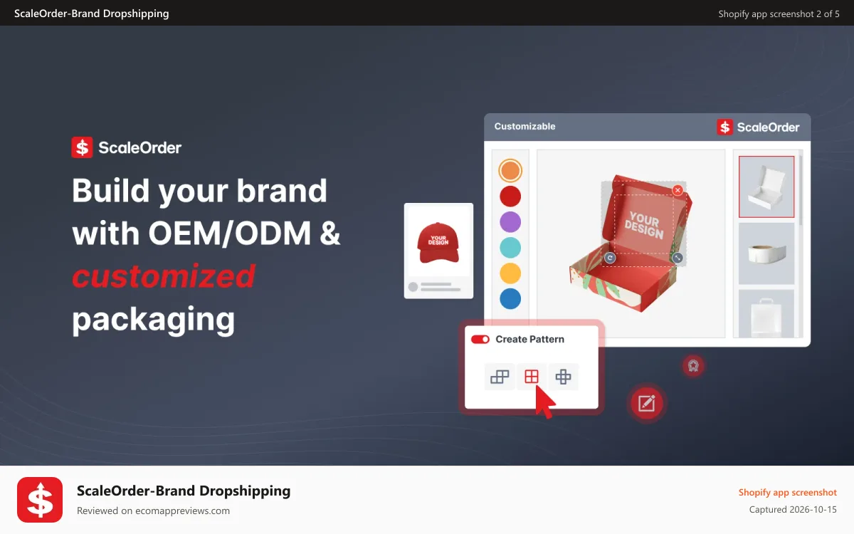 ScaleOrder‑Brand Dropshipping Shopify app screenshot: Build your brand with products OEM/ODM & custom packaging