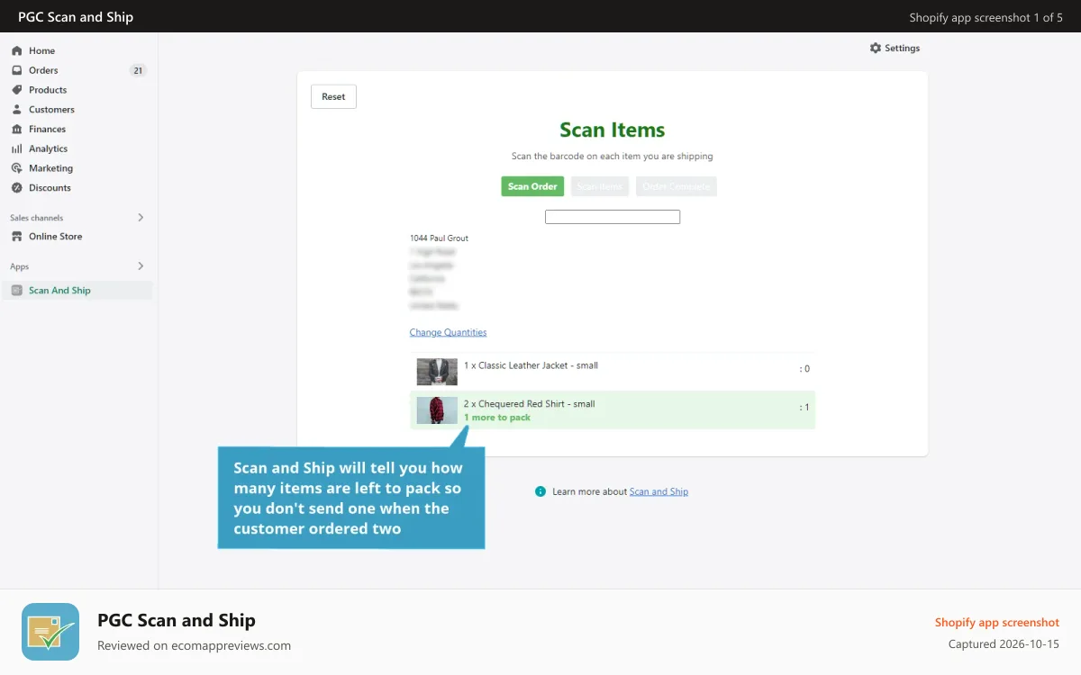 PGC Scan and Ship Shopify app screenshot: Scan order