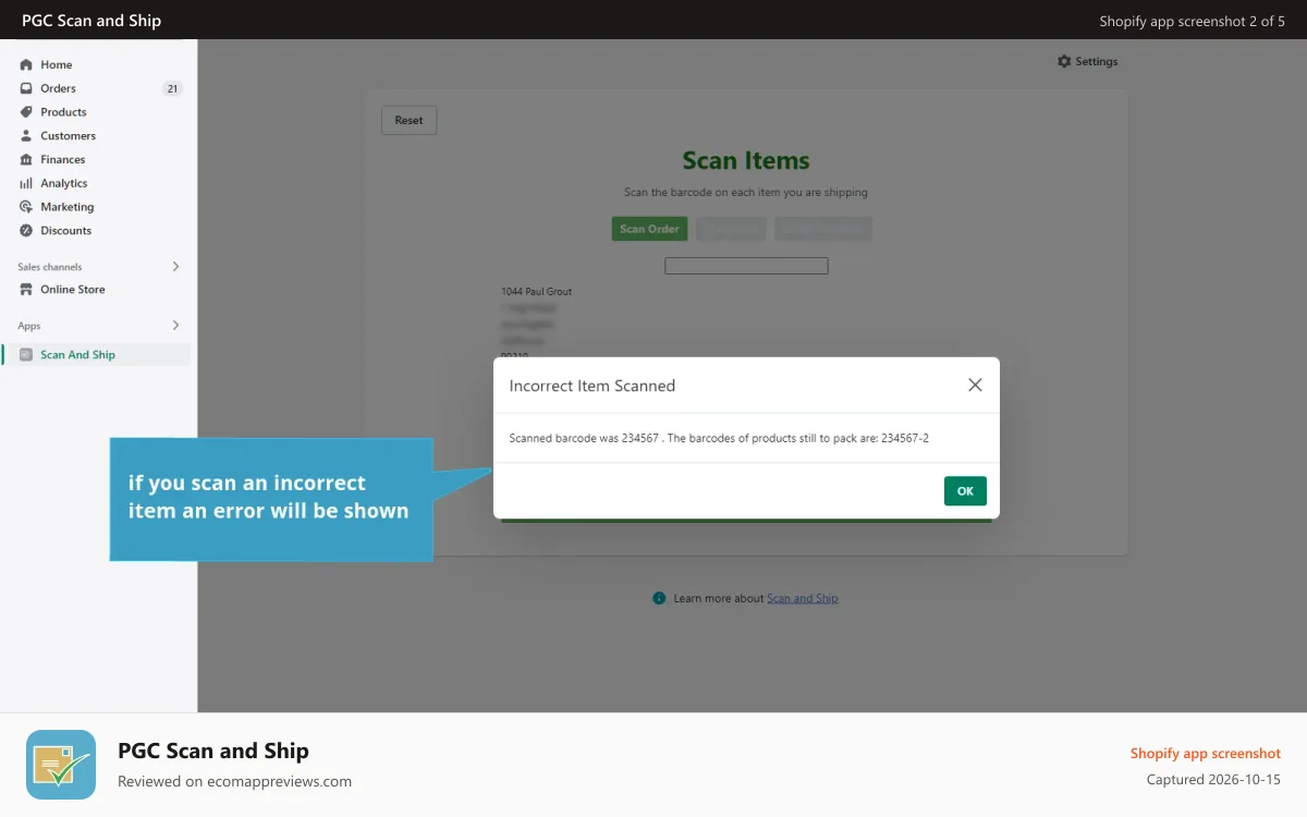 PGC Scan and Ship Shopify app screenshot: Error if incorrect item scanned