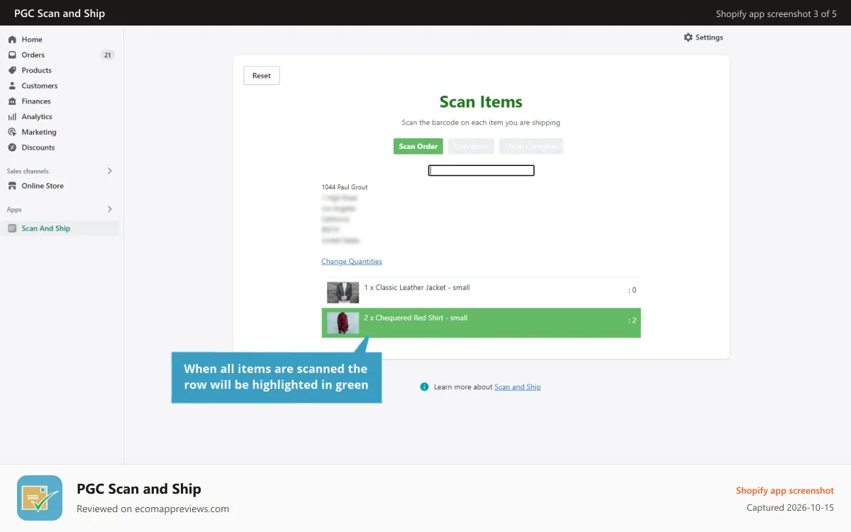 PGC Scan and Ship Shopify app screenshot: Line item complete