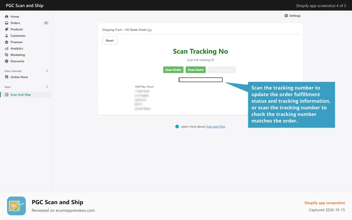 PGC Scan and Ship Shopify app screenshot: Scan Tracking