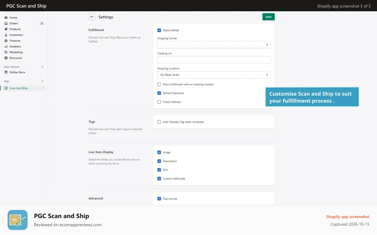 PGC Scan and Ship Shopify app screenshot: Settings