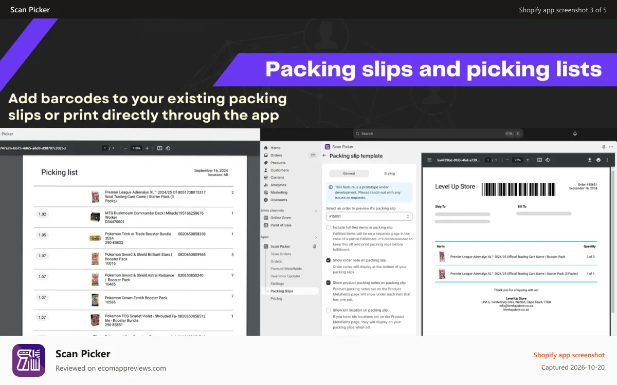 Scan Picker Shopify app screenshot: Packing slips and picking lists