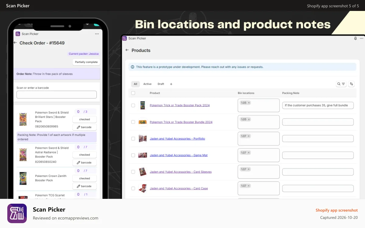 Scan Picker Shopify app screenshot: Bin locations and packing notes