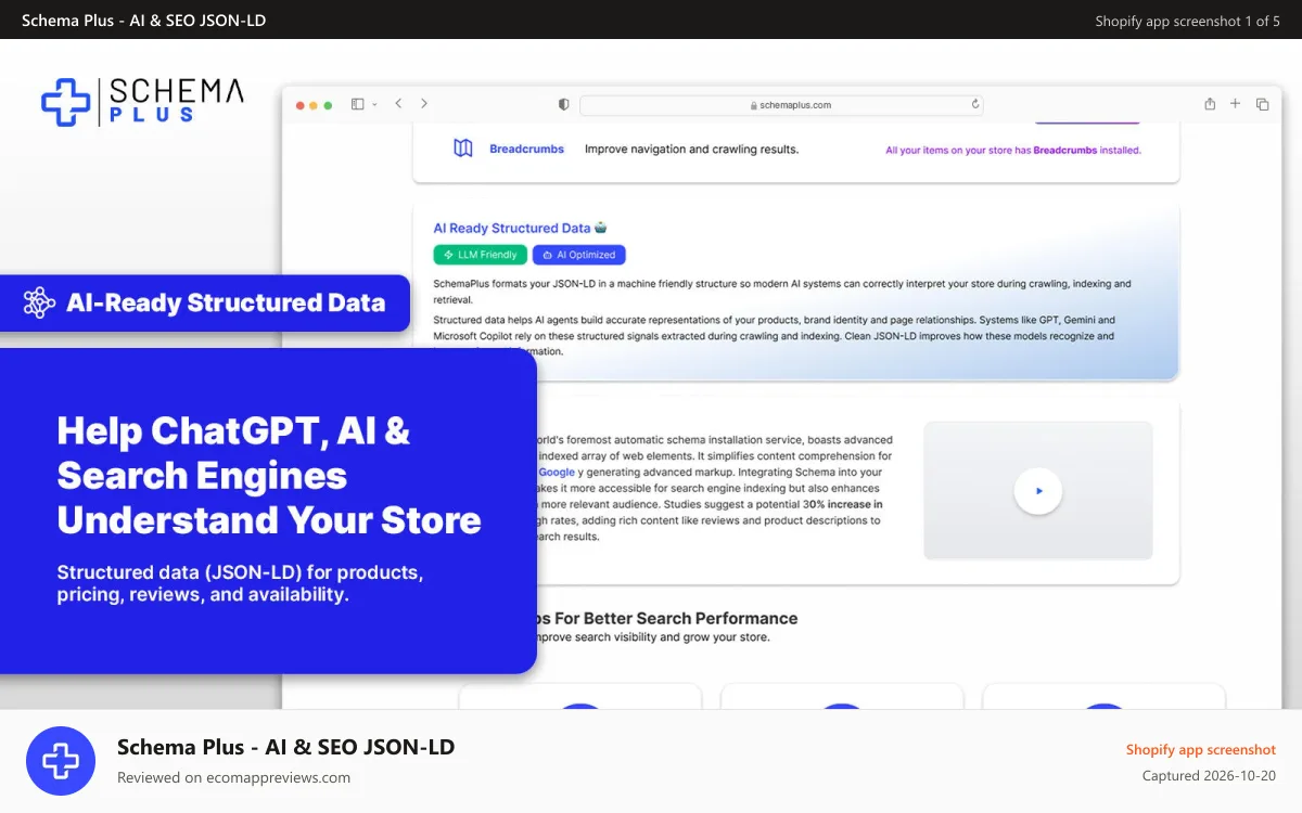 Schema Plus ‑ AI & SEO JSON‑LD Shopify app screenshot: AI ready structured data for ChatGPT and search engines.