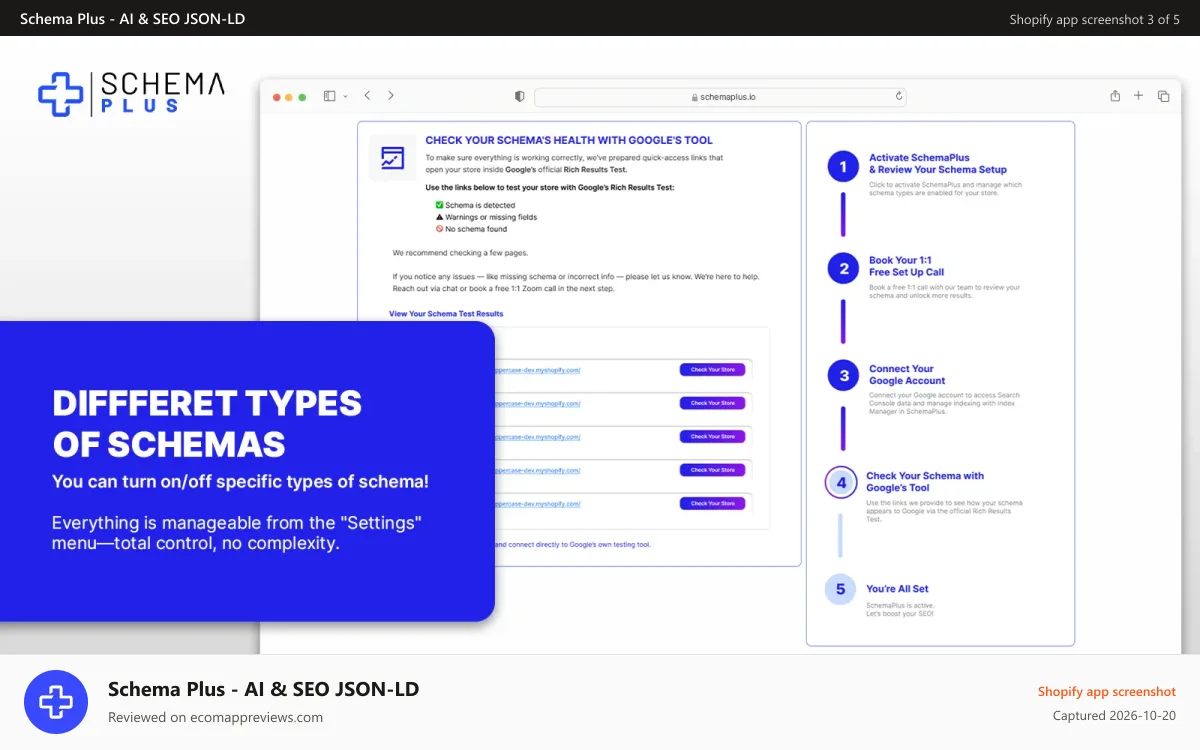 Schema Plus ‑ AI & SEO JSON‑LD Shopify app screenshot: SchemaPlus has FAQ, Recipe, Breadcrumbs, Product schema.