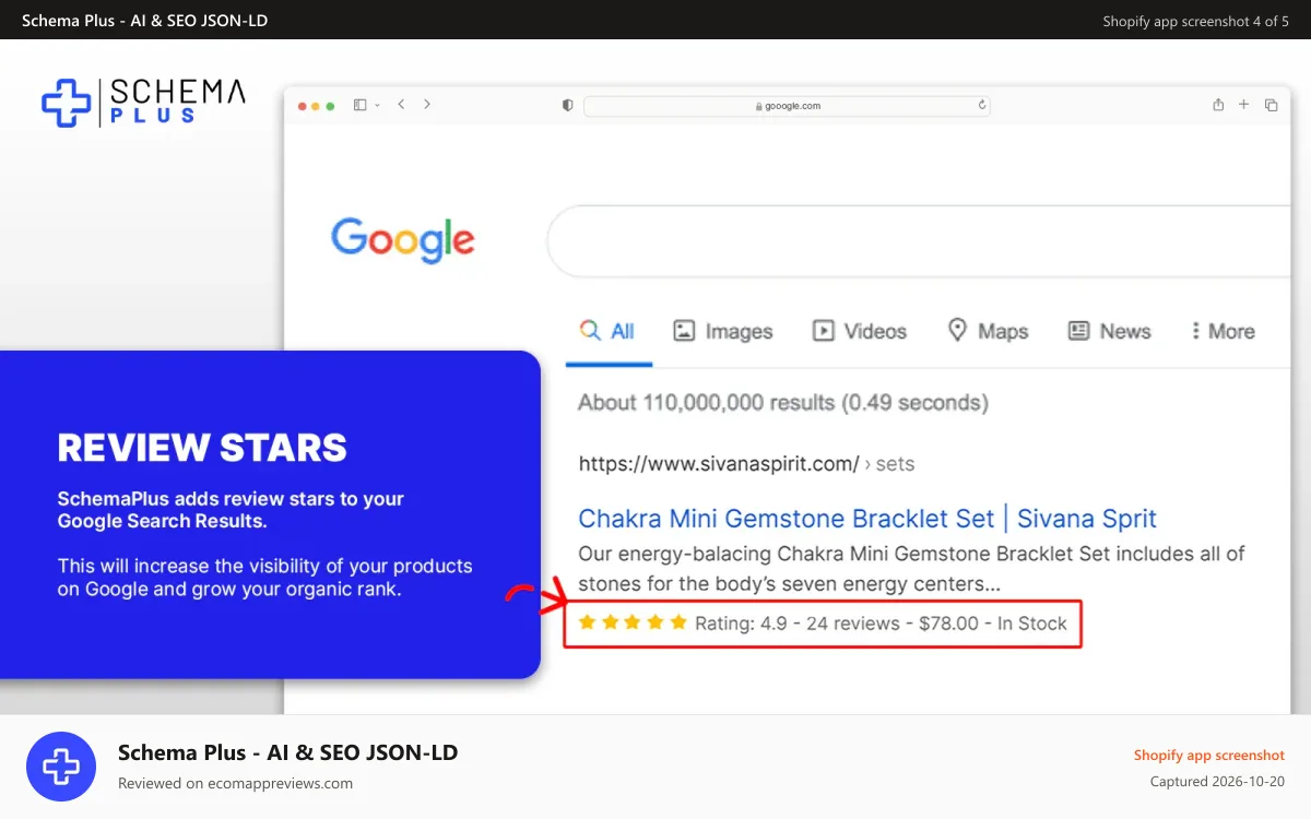 Schema Plus ‑ AI & SEO JSON‑LD Shopify app screenshot: SchemaPlus will add review stars on Google.