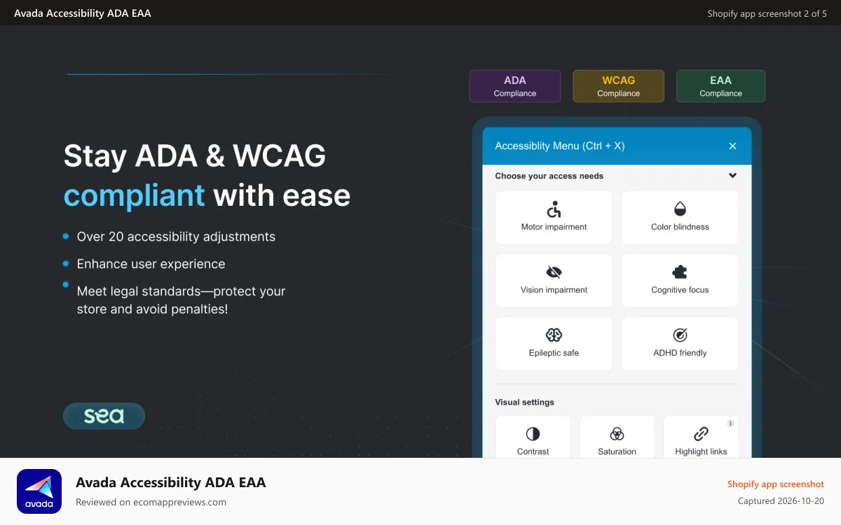Avada Accessibility ADA EAA Shopify app screenshot: Effortlessly comply with legal requirements