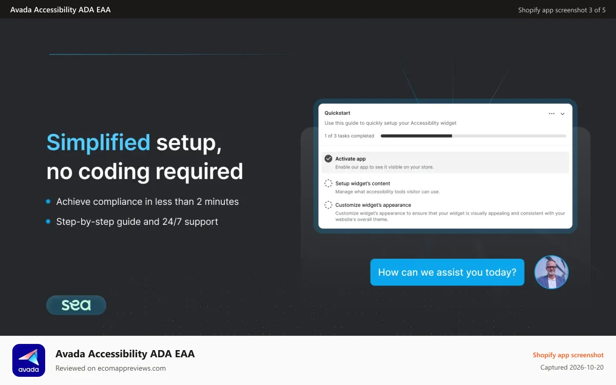 Avada Accessibility ADA EAA Shopify app screenshot: Simplify setup with no coding required and 24/7 support