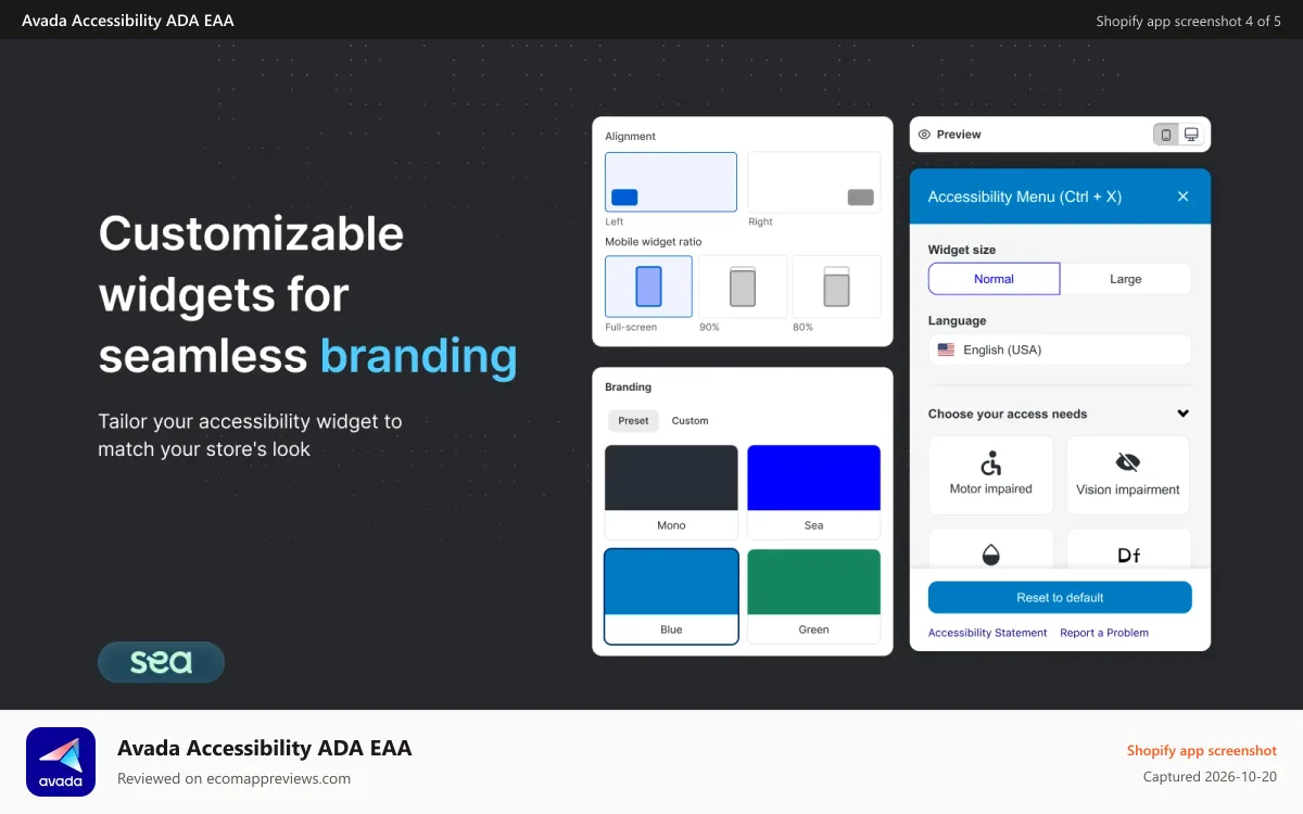 Avada Accessibility ADA EAA Shopify app screenshot: Easily customize the accessibility widget