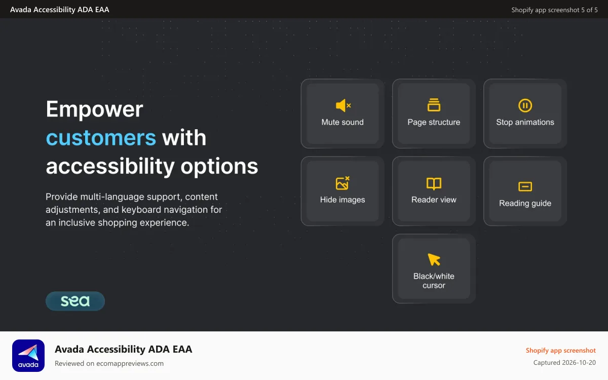 Avada Accessibility ADA EAA Shopify app screenshot: Empower customers with accessibility options