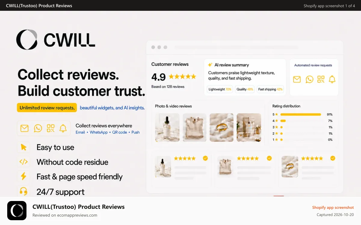 CWILL(Trustoo) Product Reviews Shopify app screenshot: TrustWILL reviews: faster and simpler reviews construction