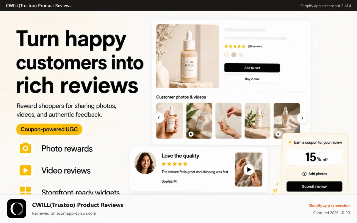 CWILL(Trustoo) Product Reviews Shopify app screenshot: Automatic Review Growth & Management