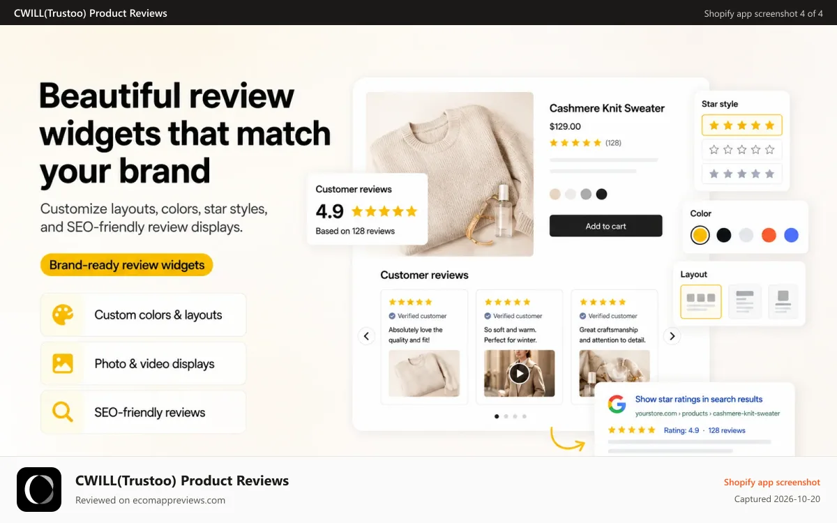 CWILL(Trustoo) Product Reviews Shopify app screenshot: Beautiful&customizable widgets