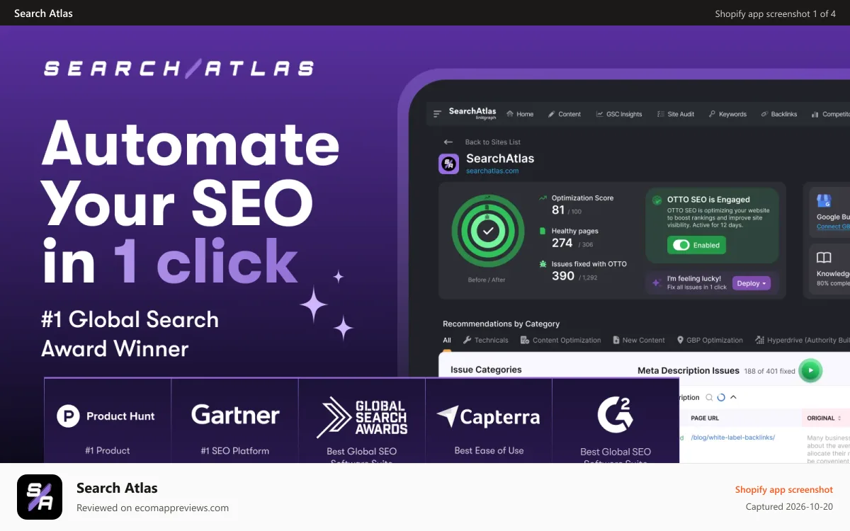 Search Atlas Shopify app screenshot: Feature page