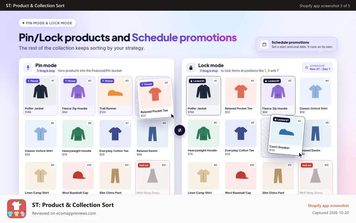 ST: Product & Collection Sort Shopify app screenshot: Pin, Lock products on top of collections. Schedule promotions