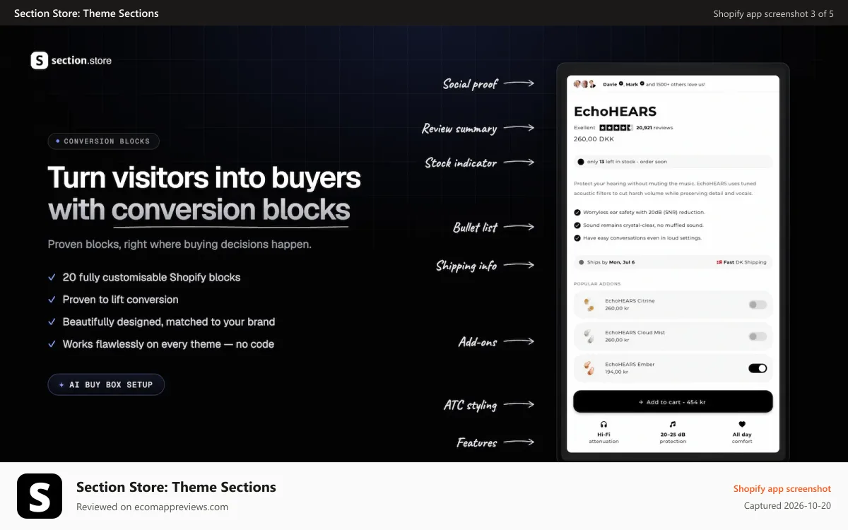 Section Store: Theme Sections Shopify app screenshot: Conversion blocks