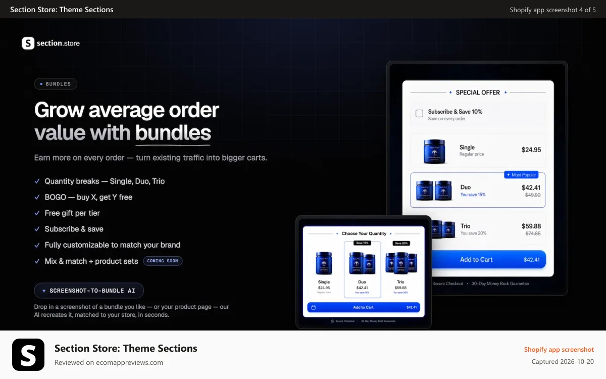 Section Store: Theme Sections Shopify app screenshot: bundles and quantity breaks