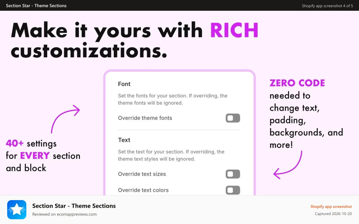 Section Star ‑ Theme Sections Shopify app screenshot: Make it yours with rich customizations