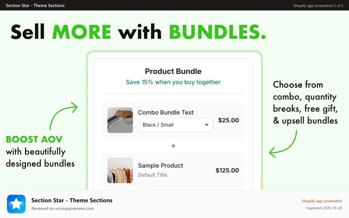 Section Star ‑ Theme Sections Shopify app screenshot: Sell more with bundles.