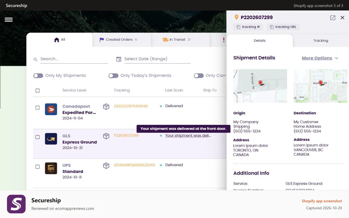 Secureship Shopify app screenshot: Auto-Updating History