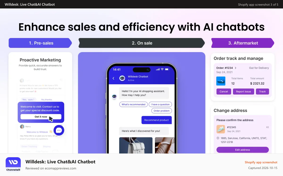 Willdesk: Live Chat&AI Chatbot Shopify app screenshot: tickets in one place