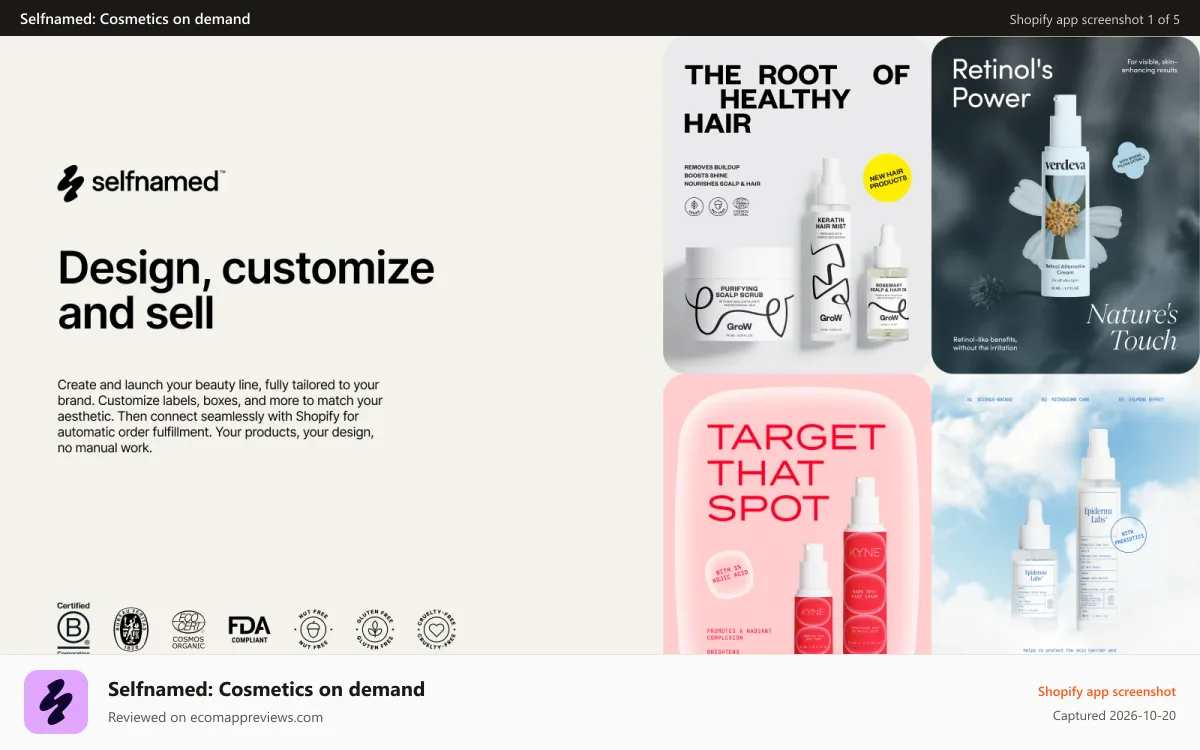 Selfnamed: Cosmetics on demand Shopify app screenshot: design customize and sell private label beauty products
