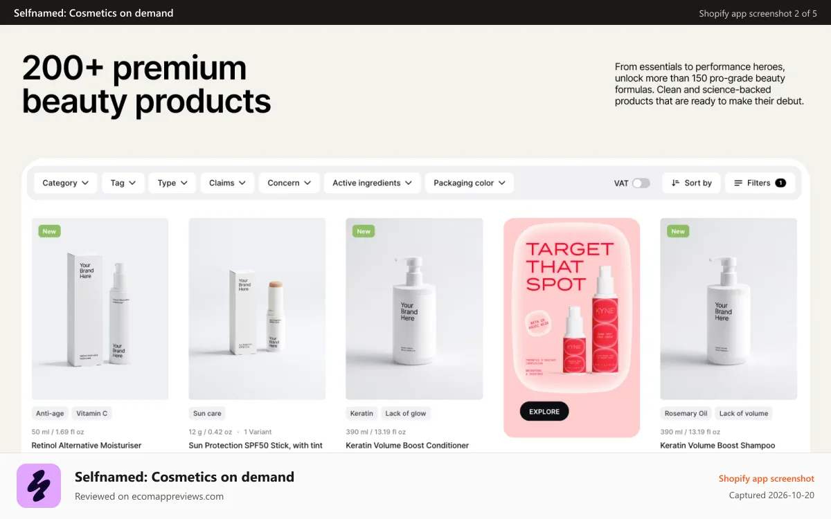 Selfnamed: Cosmetics on demand Shopify app screenshot: 200+ private label cosmetics products